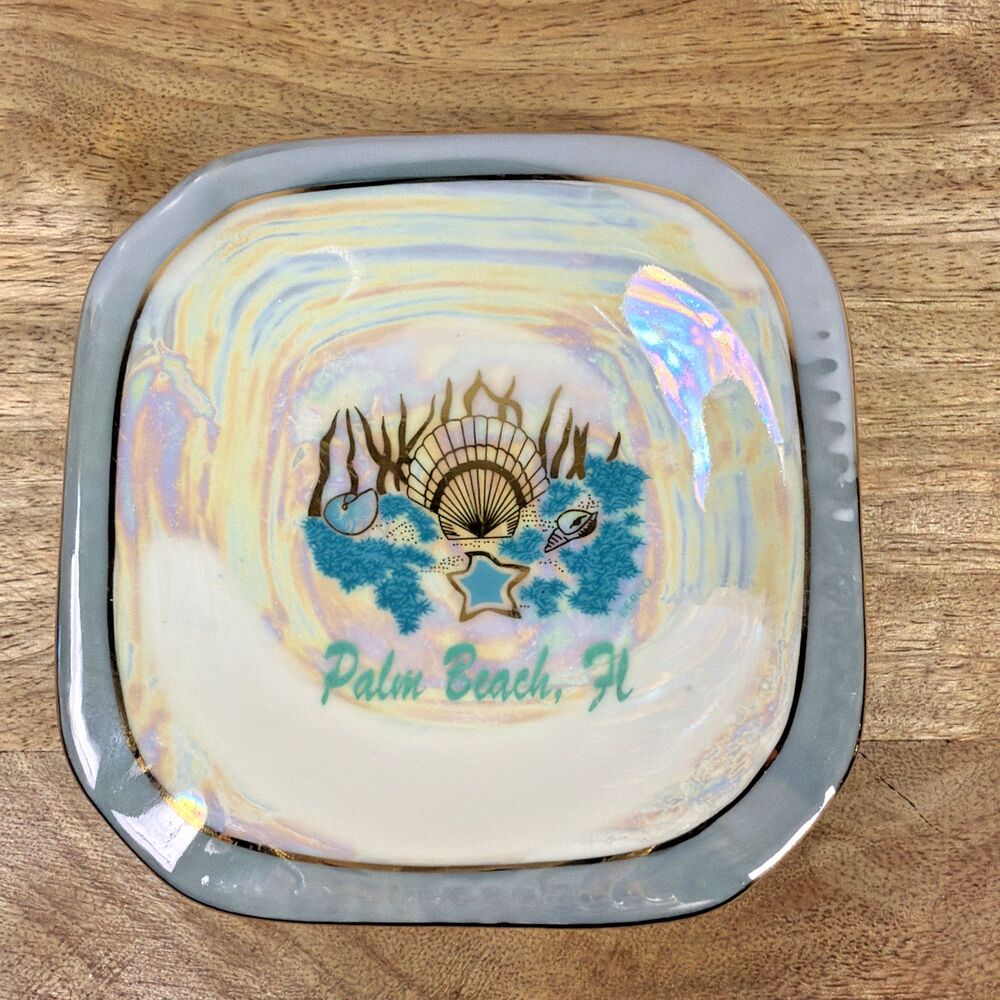 Vtg Palm Beach Florida Souvenir Ashtray Mid Century Iridescent Lusterware MCM